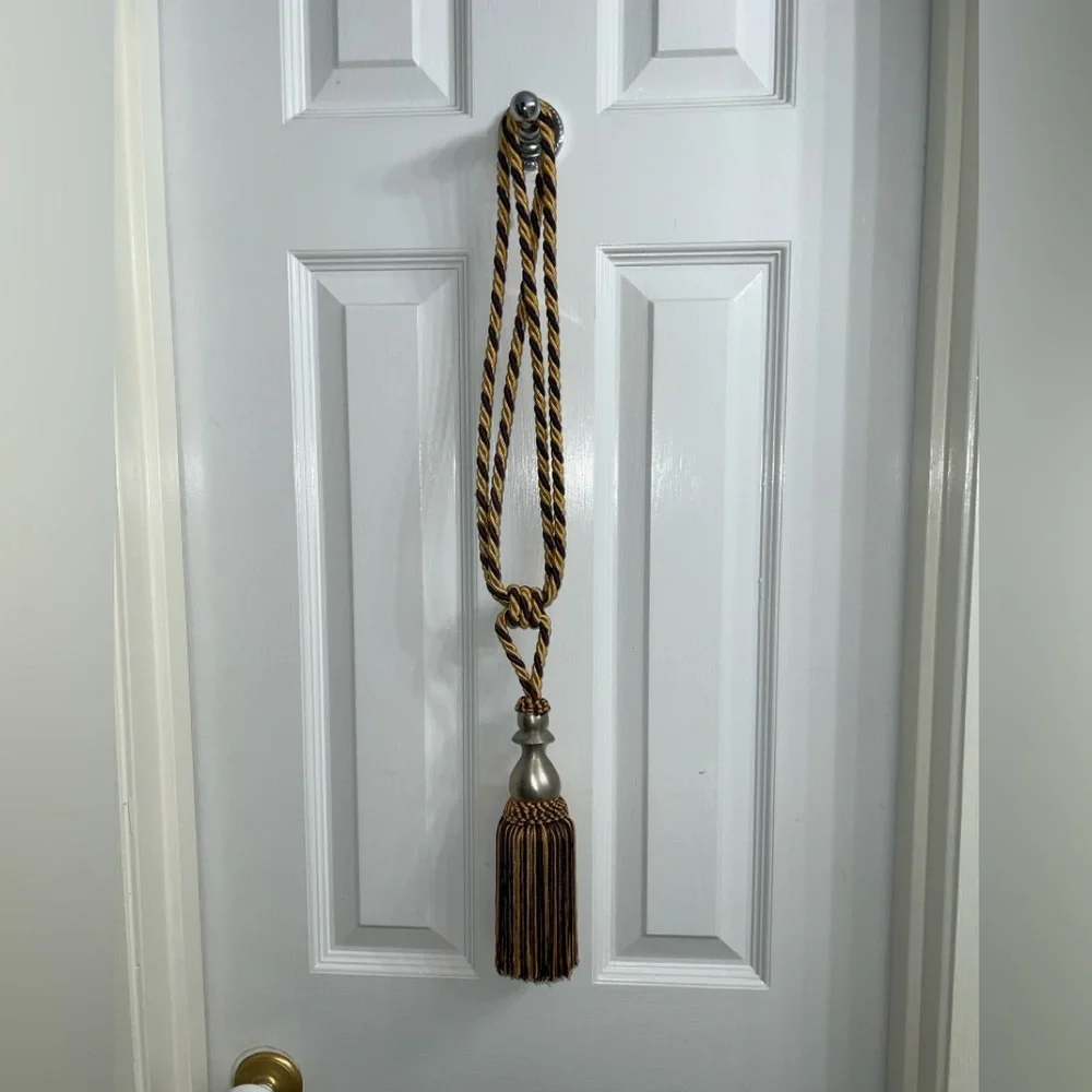 Silver Metal Curtain Tieback with Gold & Purple Cord – Single Drapery Holder